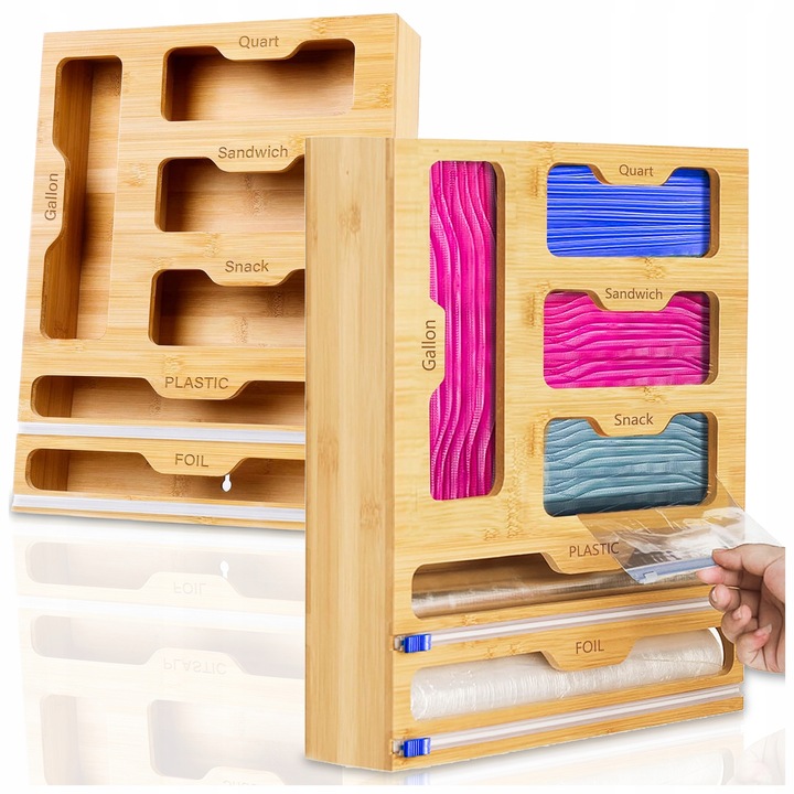 6 az 1-ben bambusz konyhai szervező, adagolóval és vágóval, 42x33x7,5cm, natúr, Pixel