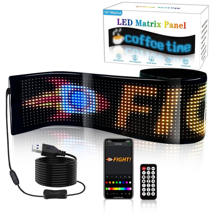 Panou LED Matrix auto, simboluri cu LED programabile, control inteligent al aplicatiei de aplicatie de text personalizat, 89x19cm LED Matrix Panou Diavol Lights Eye pentru decorarea magazinului de parbriz auto