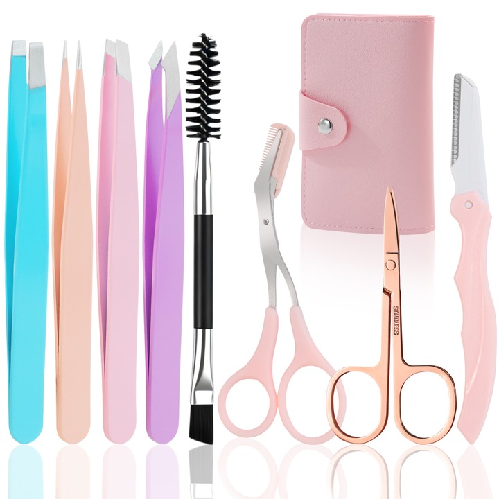 Set DUAIU 8 Pensete Profesionale - Pensete Sprancene, Foarfeca Curbata pentru Fire Incarnate, Accesorii Ingrijire Zilnica, cu Geanta Piele pentru Calatorii, Multicolor