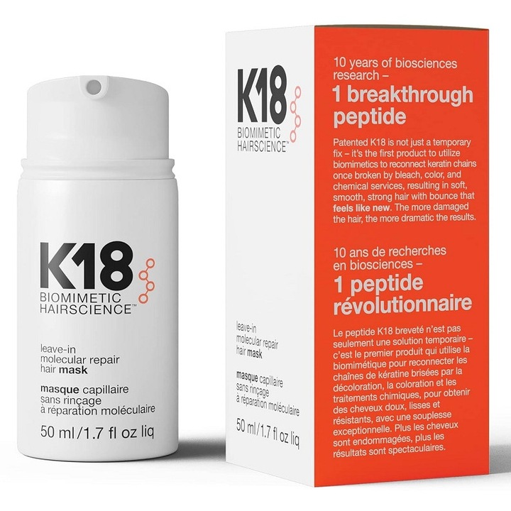 Balsam Regenerator Leave-In K18, 50ml, fara clatire, cu peptizi patentati, reface structura keratinica, protectie termica 230°C, pentru par vopsit/decalit/deteriorat, toate tipurile de par, tratament salon acasa