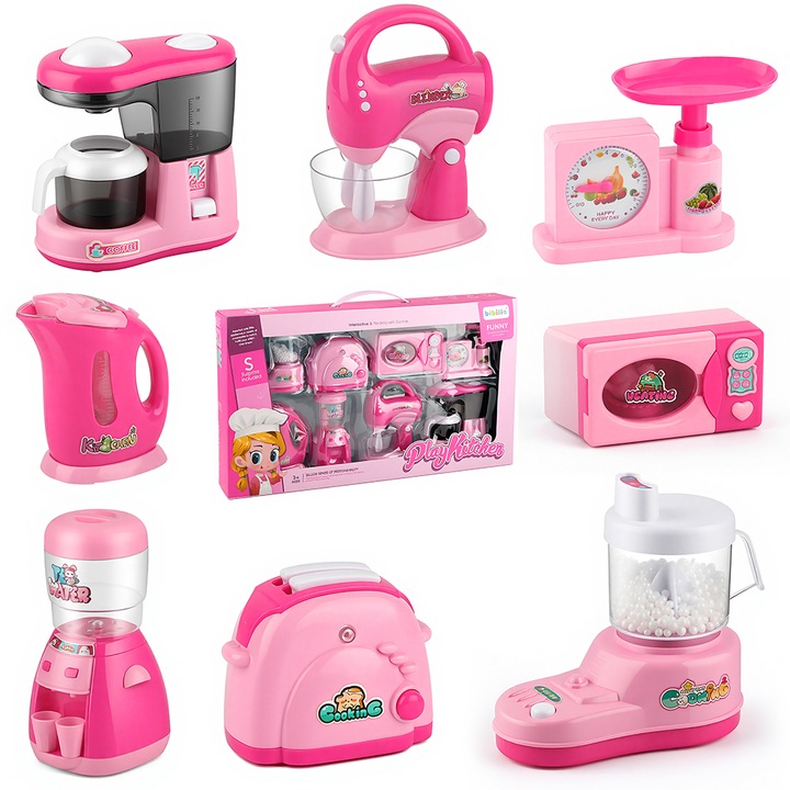 Set Bucatarie functionala EZGETOP® cu Accesorii pentru Copii, Masina de facut paine, Cantar, Blender, Cuptor cu microunde, Dozator de apa