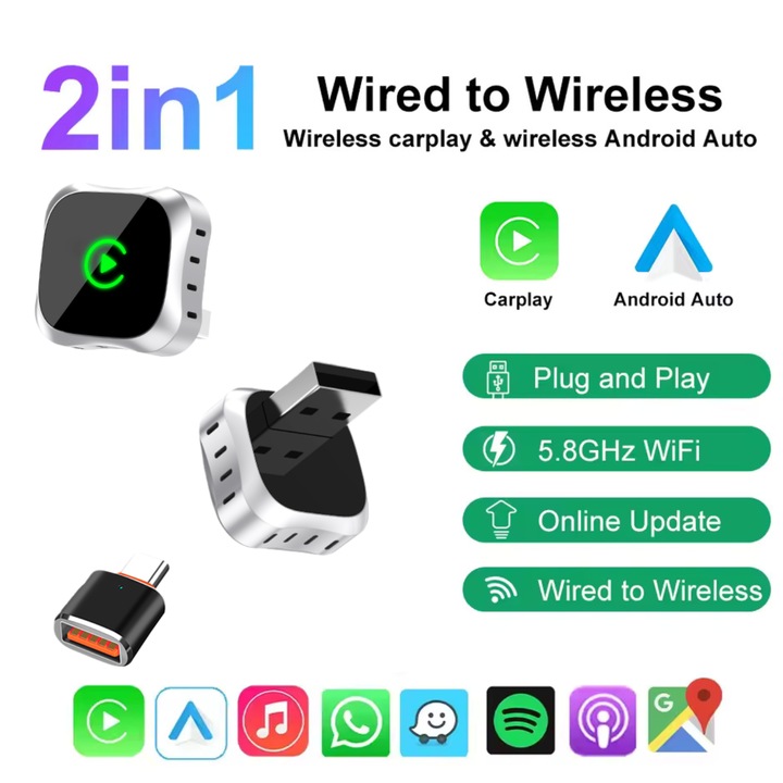 2 az 1-ben vezeték nélküli autós adapter CarPlay és Android Auto számára, univerzális kompatibilitás, fekete, kompakt