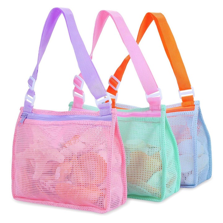 Комплект от 3 плажни чанти TodyJeyHo, мрежа, розово, циан, синьо, 24x20cm