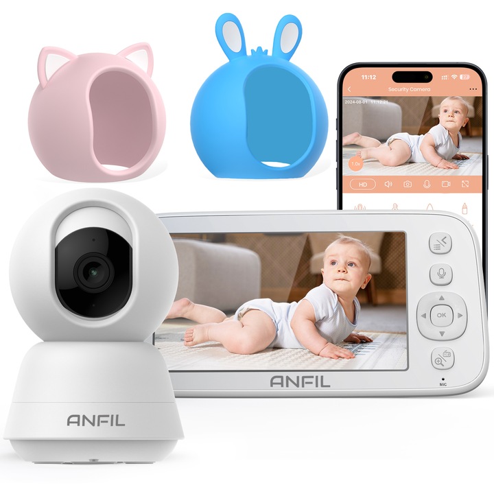 Monitor video pentru bebelusi ANFIL, 5" HD, camera cu viziune nocturna, audio bidirectional, senzor de temperatura, fara Wi-Fi, alb