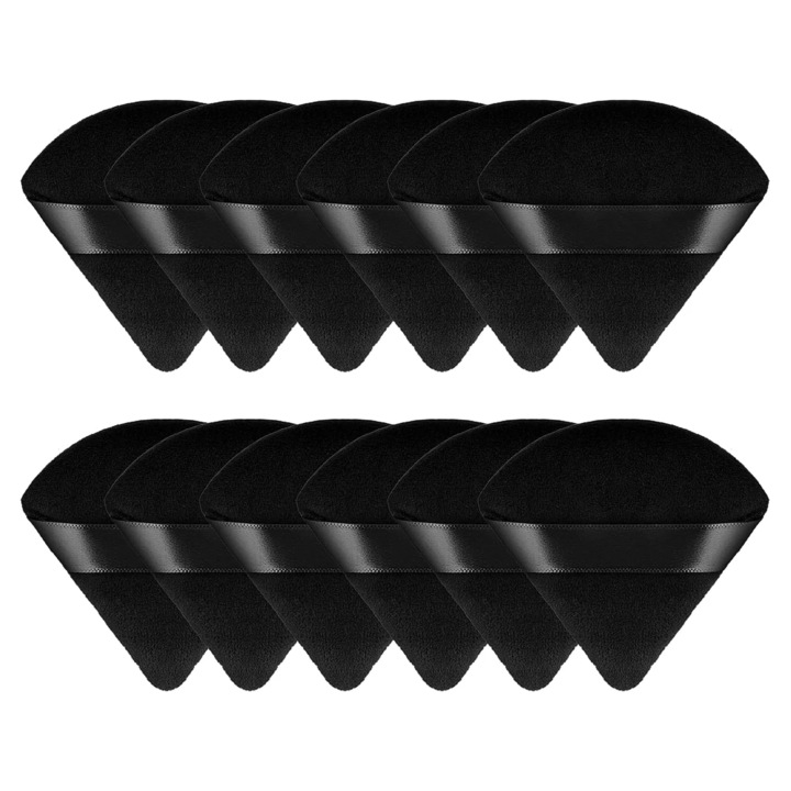 12 buc burete pudra machiaj, burete pudra moale triunghi cu curea, bureti triunghi reutilizabili pentru fond de ten cosmetic machiaj umed uscat (negru)