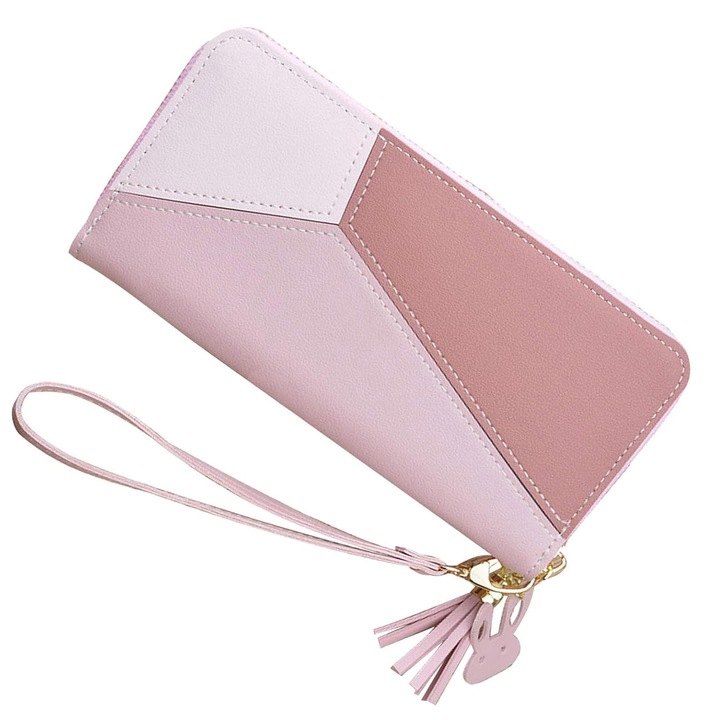 Малък дамски портфейл, екологична кожа, 3 отделения, бледо розов, 19.5x9.5x4 см