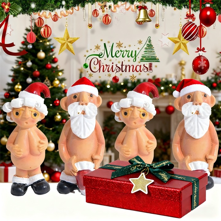 Set de 4 Ornamente de Craciun, Mos Craciun si sotia, 8cm, design jucaus, decoratiuni festive