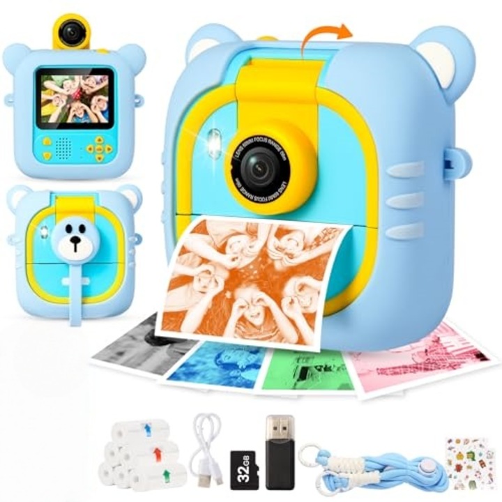 Фото-видео камера за деца, HD 1080p, въртящ се обектив 48MP, цветен и черно-бял печат, 2.4" екран, светкавица, батерия 1500mAh, вградена музика и игри, карта 32GB, 7 ролки цветна хартия, идеален подарък за деца 3-12 години, Коледа и рожден ден