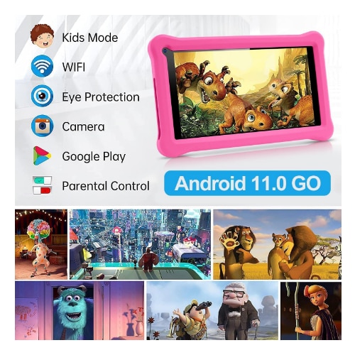 Tableta pentru copii, Sannuo de 7 inch, Android 11, 3-12 ani, 4GB RAM, 64GB ROM, Software pentru copii preinstalat, camera dubla, Bluetooth, WiFi, Software pentru copii preinstalat, Roz, include husa de protectie