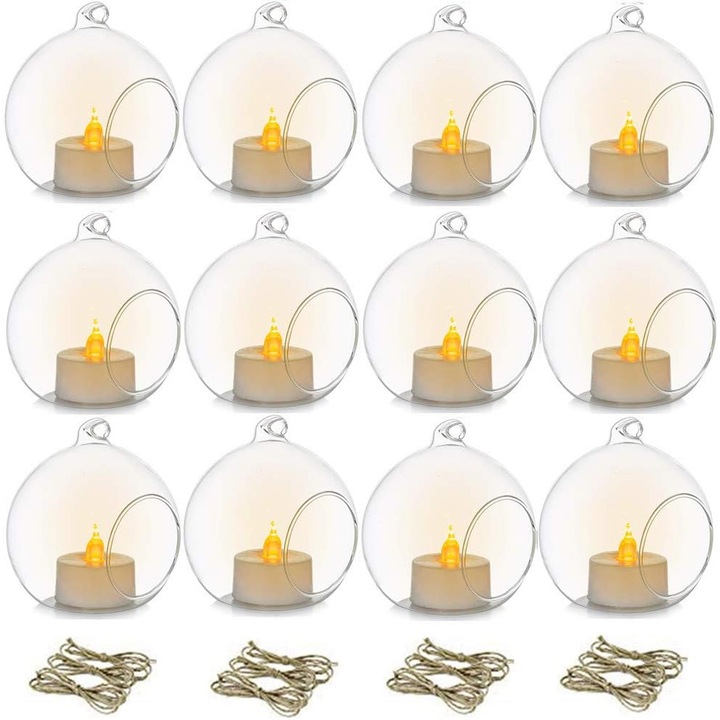 Комплект от 12 стъклени висящи глобуса, Nierbo®, 6 см, с 12 LED свещи и 12 въжета, прозрачни, интериор/екстериор