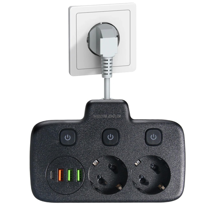 ЕС адаптер за контакт, Redkid®, 2 контакта, 3 USB, 1 Type-C, 0.1м, защита за деца, 5V, 2.4A, бързо зареждане, бутон за включване/изключване, черен