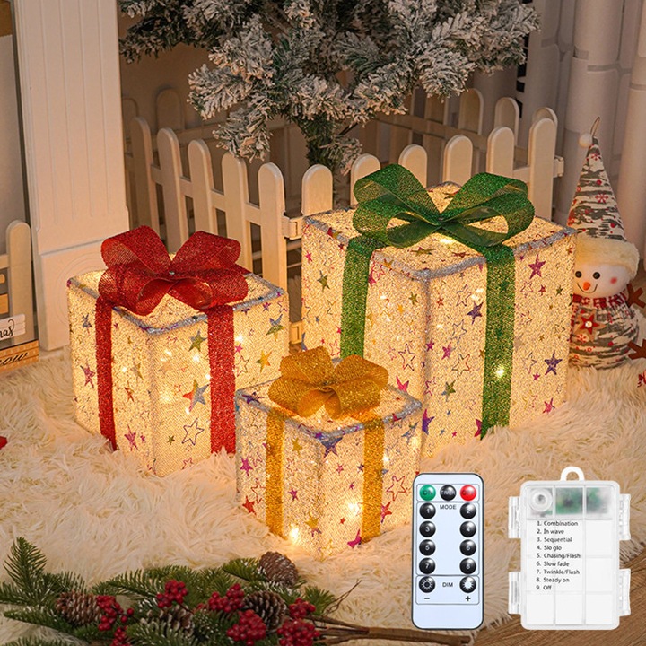 Комплект от 3 осветени коледни кутии, топла светлина, 50 LED лампички, с дистанционно управление, 8 режима на светене, водоустойчиви, със звездни мотиви, подходящи за коледна декорация, за дома, на открито, за двор и партита