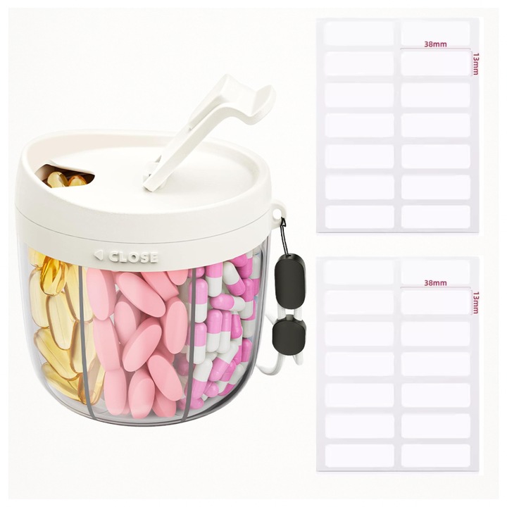 Organizator mare pentru pastile, cutie pentru 7 tipuri de vitamine, design anti-amestec si deschidere larga, usor de utilizat, include 28 etichete autoadezive, Organizator medicamente Plastc Uz general alb