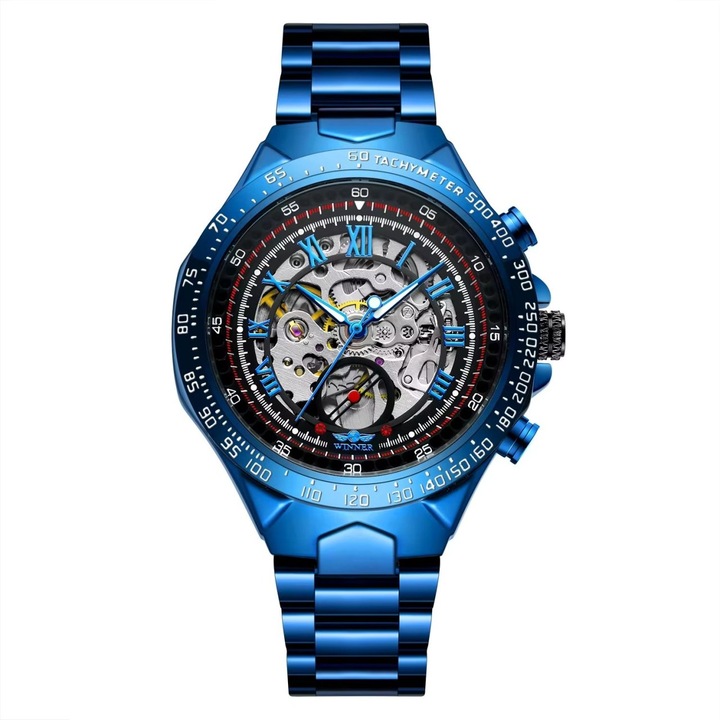 Ceas barbatesc Winner CS1756, automatic, otel inoxidabil, albastru, cadran negru-argintiu