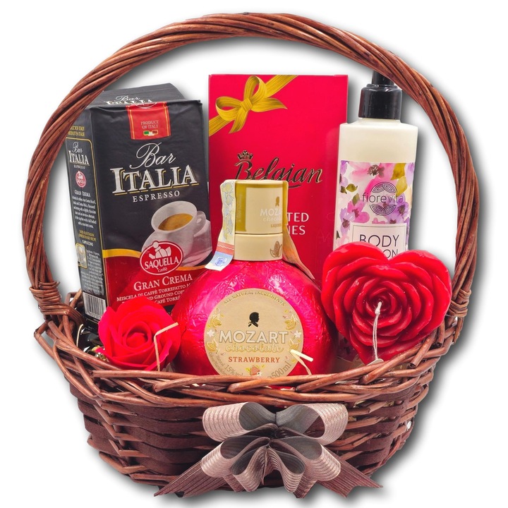 Cos cadou pentru doamne, CADOURI PREMIUM®, model Red Elegance, cu lichior Mozart, cafea premium Saquella, crema de corp Fiorevita si accesorii special alese pentru a aduce emotie si bucurie