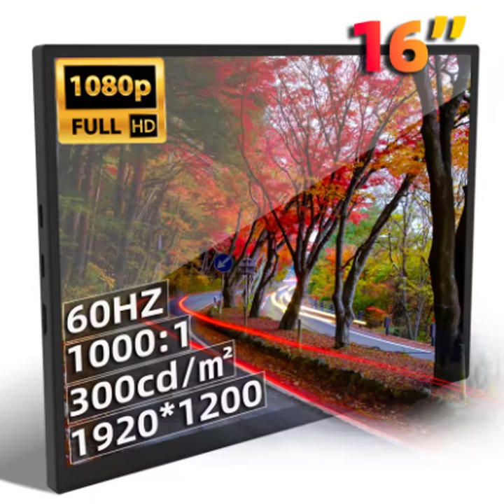 Преносим монитор, разширение на екрана на лаптоп 16 инча 1200P FHD, двоен монитор, подвижна стойка с въртене на 360°, plug n play, ултратънка безрамкова, лаптоп/PC/Mac/Windows/PS5