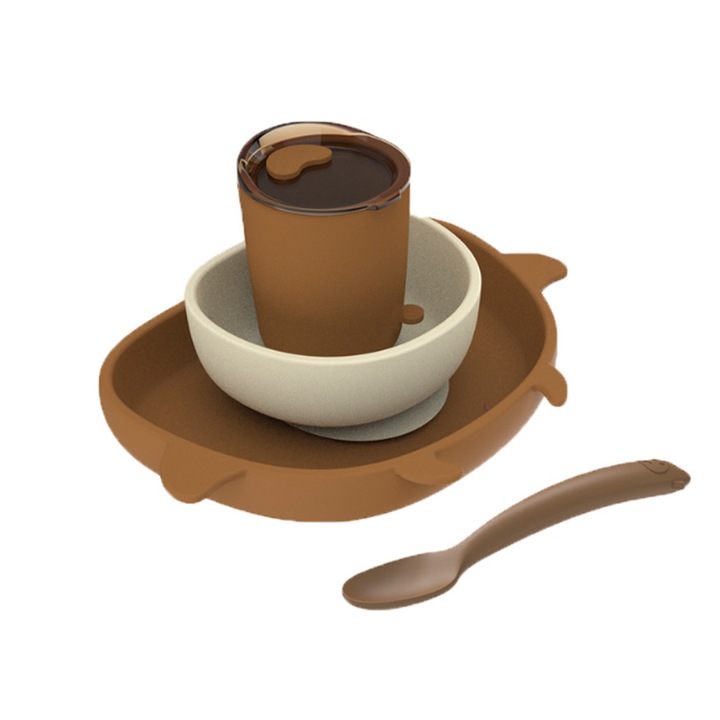 Set de 4 ustensile pentru hranirea bebelusilor，Fabricate din silicon fara BPA，Bol，Farfurie，Cana, lingura, 6 luni si peste，Maro