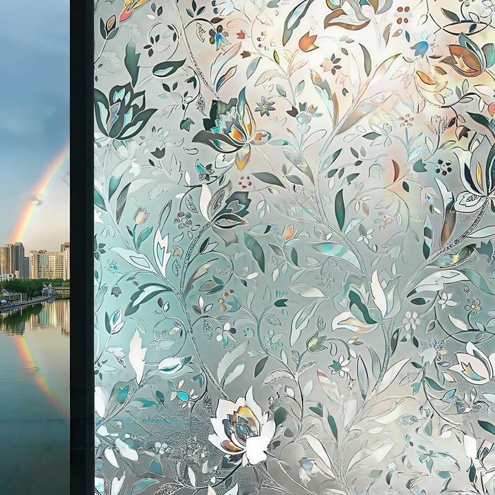 Folie Decorativa Omelivon pentru Geam, cu model 3D de lalele, Protectie Solara si Intimitate, 600 x 2000 mm, se fixeaza prin adsorbtie electrostatica, detasabila, potrivita pentru sticla, din material PVC