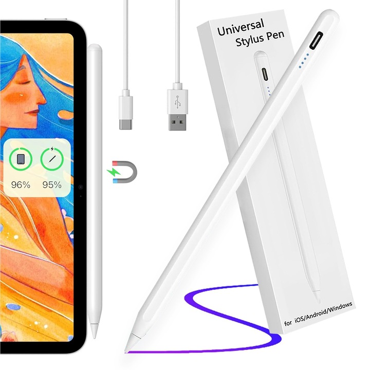 Stylus iPad toll univerzális, Yulinland®, professzionális mágneses vezeték nélküli Apple Pencil többfunkciós gombbal, késésmentes, karcálló heggyel, akkumulátor kijelzővel, védőtokkal, Alb
