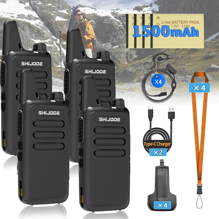 Комплект от 4 радиостанции за приемо-предаване, SHIJOOE®, Уоки Токи, 16 Честоти, 155 CTCSS, Обхват на комуникация до 5 км, UHF 400-470 MHz, Акумулаторна батерия 1500mAh, VOX 3 режима, Жак 2.5мм, Слушалка с микрофон, За туризъм, къмпинг и пътувания