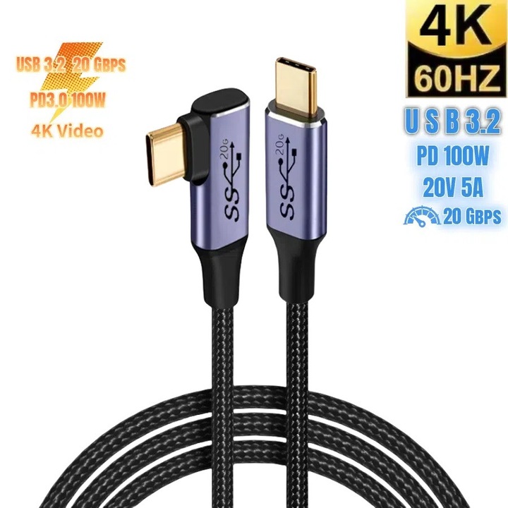 Sugxia® Cablu USB-C la USB-C PD3.0 100W, USB 3.2 Gen2 20Gbps, 4K Video, 0.5m, Nylon Impletit, Transfer Ultra-Rapid, Incarcare Rapida, Compatibil cu MacBook, iPad Pro, iPhone, Samsung, Xiaomi, Huawei