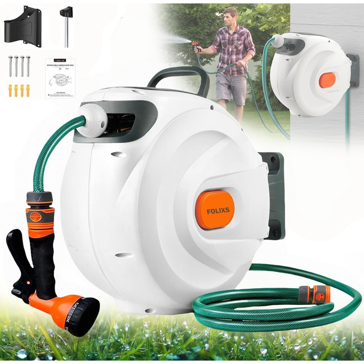 Макара за градински маркуч, Самонавиваща се, 15 м+2 м, Маркуч 1/2" PVC, Въртяща се стенна стойка, Включен пистолет за пръскане с 8 функции, 10 бара максимално налягане, Ъгъл на въртене 180°, С дюзи и съединители, Бял