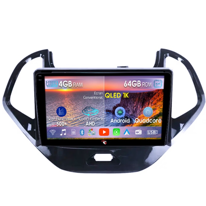 Dedikált navigáció Ford Figo 2015-2018, 4GB RAM 64GB ROM, Octacore, Android 14, QLED 1K 9" kijelző, Carplay&Android Auto, SIM 4G, Aktív ventilátor
