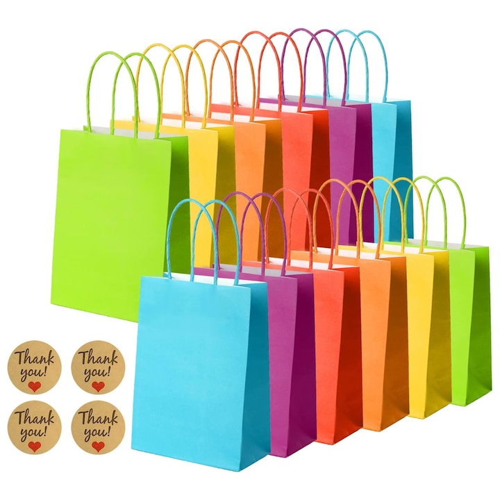 12 pungi de hartie pentru petreceri, pungi pentru cadouri si deserturi cu manere, pungi de hartie kraft cu autocolante, pungi de cadouri colorate din hartie pentru petreceri pentru copii, sarbatori, zile de nastere, Halloween, Craciun