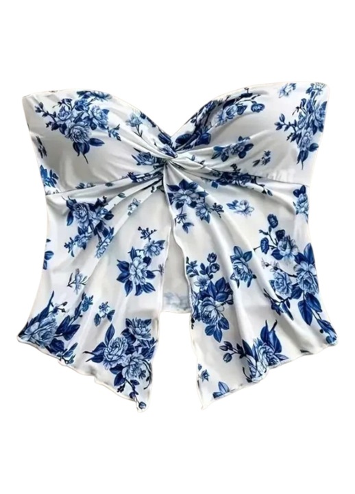 Top lejer de vara, din matase, fara umeri, alb cu imprimeu floral, XS