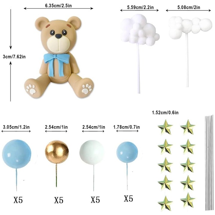 Decor pentru tort cu ursulet, decor pentru tort cu balon cu stea si nor de plus, potrivit pentru decorarea petrecerii de ziua de nastere a bebelusilor baieti si fetite, Albastru