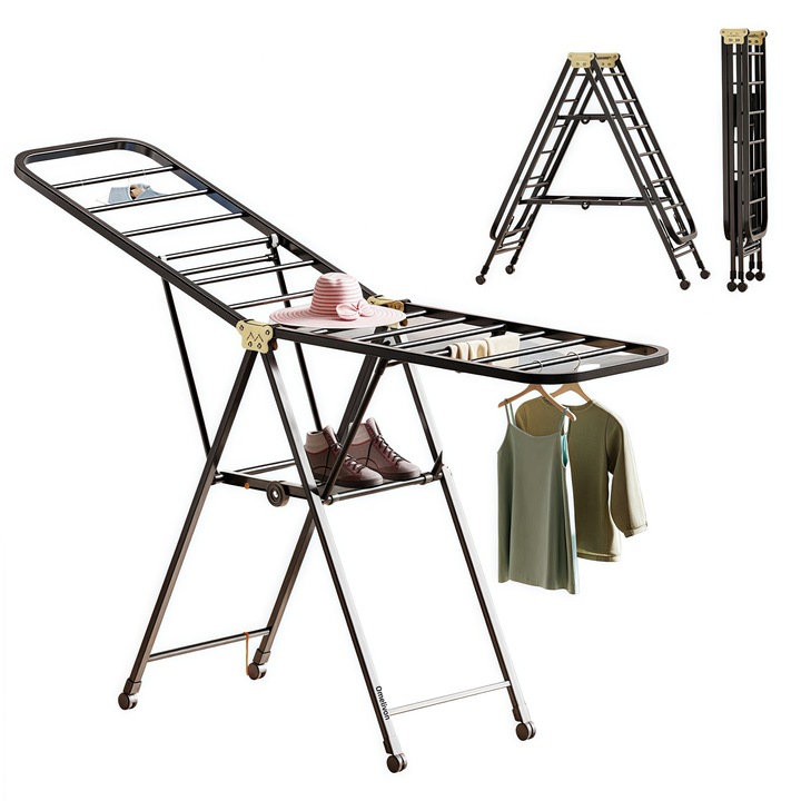 Uscător vertical pentru haine Omelivon, pliabil, cu roți, negru, 1,6 metri, din oțel carbon, pentru interior/exterior