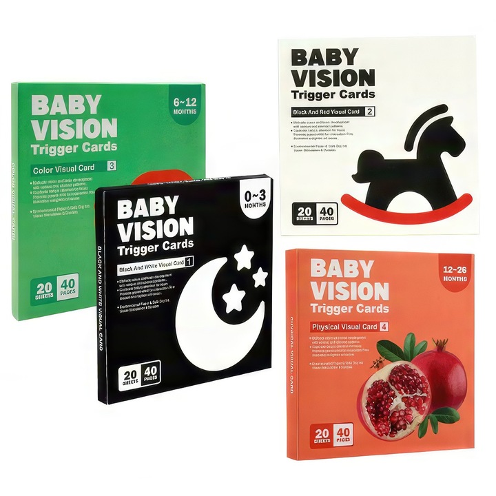 Set 4 carduri senzoriale bebelusi 0-36 luni, dezvoltare vizuala, multicolor