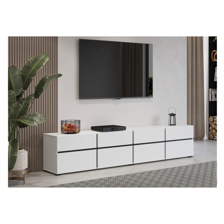 RTV Bogart fiókos komód 225x40x48cm, fehér/fekete, 4 ajtós, 4 fiókos