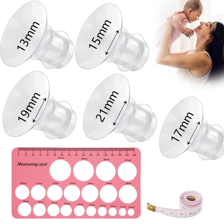 Set 7 Accesorii pentru Pompa de San Electrica, BYONDSELF®, 13/15/17/19/21mm, cu 5 Insert Flansa, 2 Rigla, Potrivit pentru Majoritatea Pompa de San, Silicon