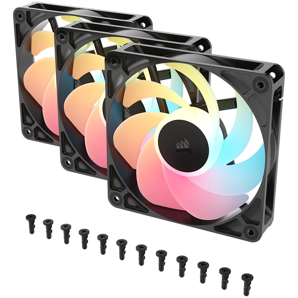 美品! CORSAIR RS120 ARGB×3 RS120-R ARGB ×3 Ventilatoare Corsair RS120-R reverse ARGB, 120mm, 3 buc/set, negru