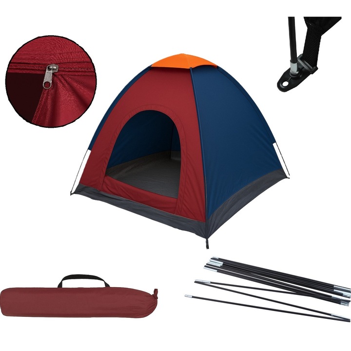 2 személyes kempingsátor, Zola®, rovarháló, vízálló, huzattal, 180 x 180 x 135 cm, kék/bordó