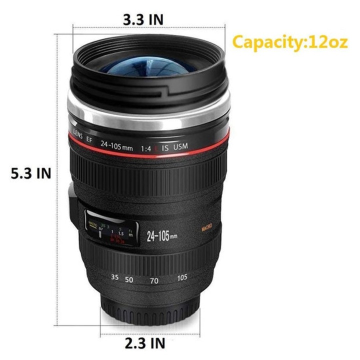 Cana camera, TodyJeyHo, din inox, capacitate 400ml, design realist, cu capac retractabil