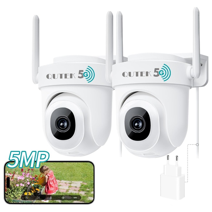 Set 2 Camere de Supraveghere exterior/interior, smart, 5MP, rotativa 360°, zoom, detectare & urmarire miscare si persoane, animalelor, masinilor, alarma sonora, night vision color Starlight & infrarosu, Wi-Fi Dual-Band 2.4GHz & 5GHz