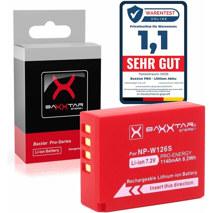 Baxxtar PRO akkumulátor, kompatibilis FUJI NP-W126 S NP-W126S XPro 1 XT2 Grip VPB-XT2 VPB-XT3 XT3
