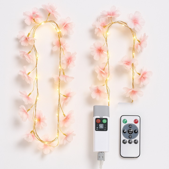 Set Ghirlanda cu Flori Cires Japonez inflorit si Instalatie 200 LED-uri, 5m – Alb Cald, cu USB sau Baterie, Telecomanda Inclusa, pentru Decor de Camera sau Nunta
