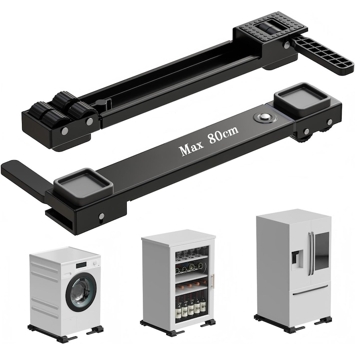 Set 2 Suport mobil baza reglabili extensibil cu role si sistem anti-alunecare MOSMAOO®, material metalic, negru, dimensiuni 80x6x4.7cm, pentru mobil masina de spalat, frigider