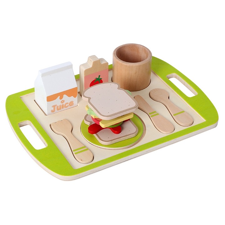 Set accesorii de bucatarie pentru copii Kidsbele, tava cu tacamuri si alimente, lemn, multicolor
