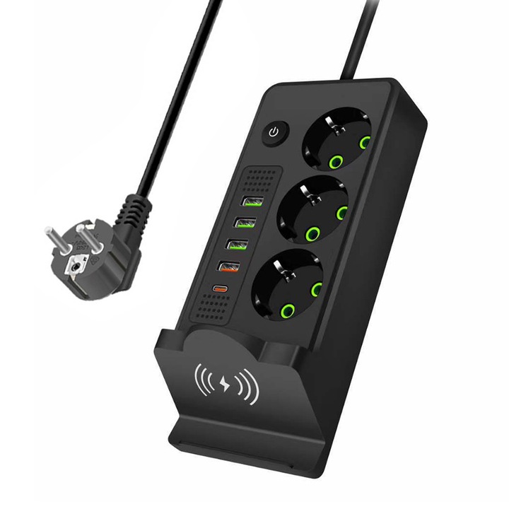 Разклонител, 9 в 1, 3 контакта, 4 USB-A порта, 1 USB-C порт, стойка за безжично зареждане, 2м, черен