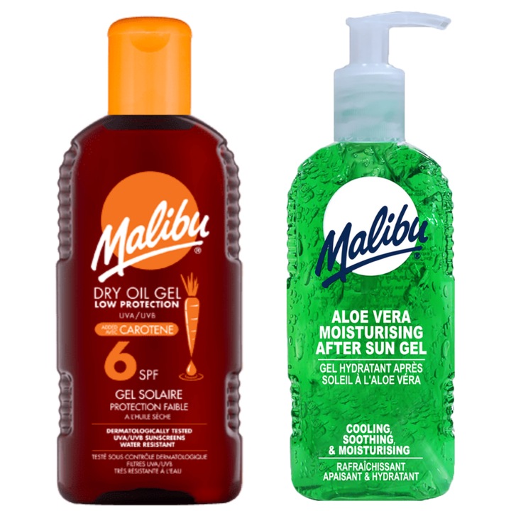 Set ulei uscat SPF6 cu carotena 200ml si gel de aloe vera dupa plaja 200ml Malibu