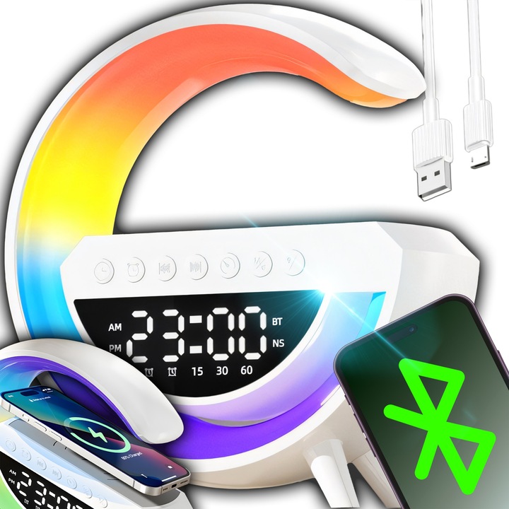 Lampa Decorativa Multifunctionala RETOO TechPro, Bluetooth 5.3, 7 Moduri de Iluminare din Spate, Incarcare Inductiva 15 W, Afisaj LED Mare si Clar, USB, AUX, TF si DC 5V, Cablu de Alimentare Inclus, Ceas Desteptator cu Functie Snooze, Cronometru, Alb