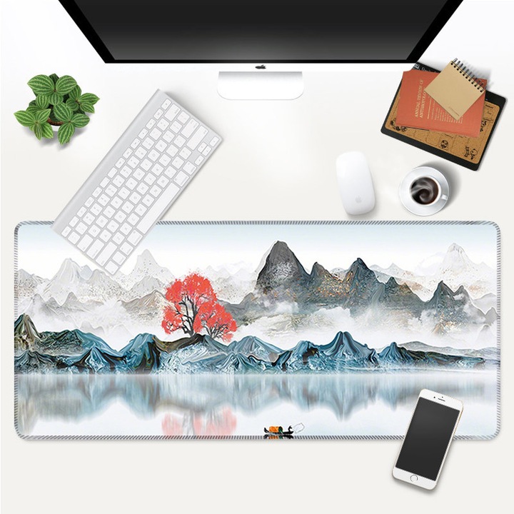 Подложка за мишка, 90x40x0.3cm, с червен модел с дървета и кораби, подходяща за геймъри, противоплъзгаща гумена основа, многоцветна