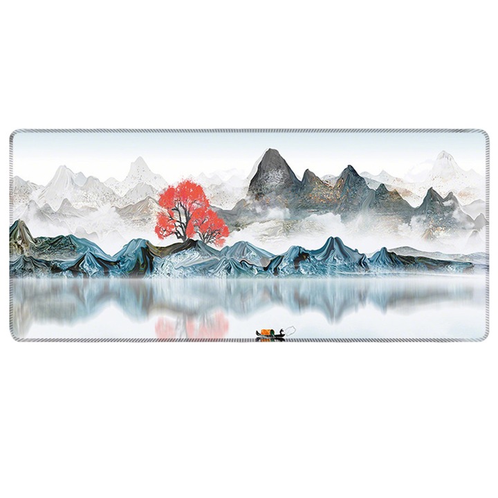 Подложка за мишка, 90x40x0.3cm, с червен модел с дървета и кораби, подходяща за геймъри, противоплъзгаща гумена основа, многоцветна