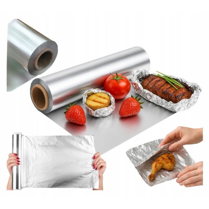 Set Folie Aluminiu Gastronomica Kanza 10M, Kanza, Material Aluminiu, Grosime 7 Microni, Rezistenta La Temperaturi Ridicate Si Scazute, Lungime 10 Metri, 10 M X 29 cm, 1 Rulou