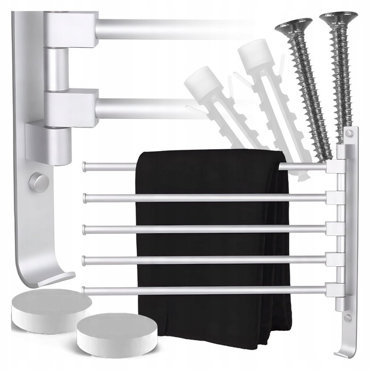 Set Suport De Baie Cu Accesorii De Montaj, Kanza, Material Aluminiu, Culoare Argintiu Mat, Brate 4 Bucati, Rotative La 180°, Carlig Suplimentar Da, Dimensiuni 32.5 x 3 x 37.5 x 43 cm, Argintiu Mat, 1