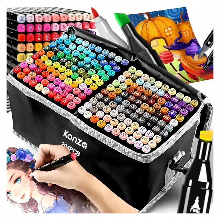 Set Markere Alcoolice Duble Cu Geanta, Kanza, Precise Si Late Pentru Orice Tip De Lucru, Culori Saturate, Rezistente La Apa Si Durabile Fara Decolorare Si Estompare, Cerneala De Inalta Calitate Ideala Pentru Blending Si Umbrire, Multicolor, 204 Buc